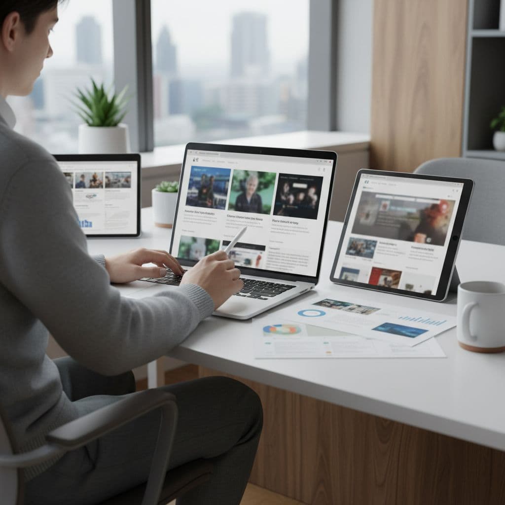 A professional sits at a desk examining various web pages on a laptop screen.