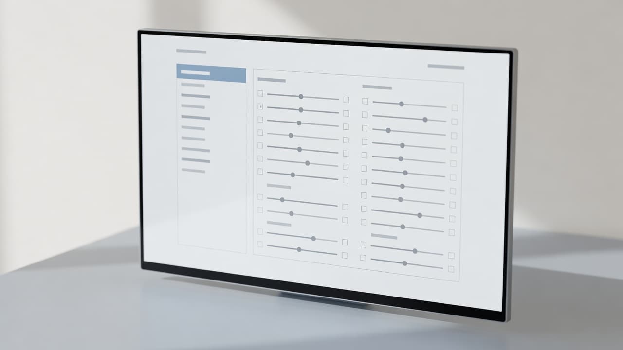 A sleek digital interface displays abstract sidebar categories featuring adjustable sliders and interactive checkboxes. Soft ambient light illuminates the screen, highlighting a professional layout designed for efficient web navigation and filtering.
