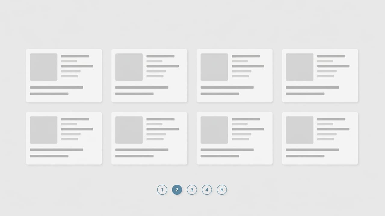 A clean web layout features a vertical series of rectangular review cards organized with a minimalist aesthetic. At the base, a numerical navigation bar displays page icons labeled one through five.