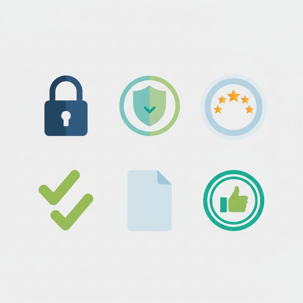 Neat grid of six common trust signals for new websites on a light background: padlock security, money-back guarantee shield, 5-star rating badge, checkmark verification, disclosure note, and satisfaction guarantee stamp in flat blues and greens vector style.