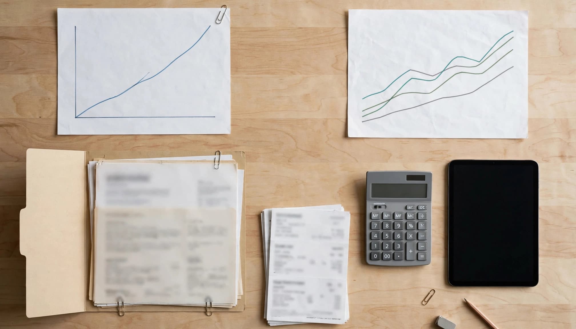 Flat lay of valuation charts, bank statements, a calculator, and site documents on a wooden table.