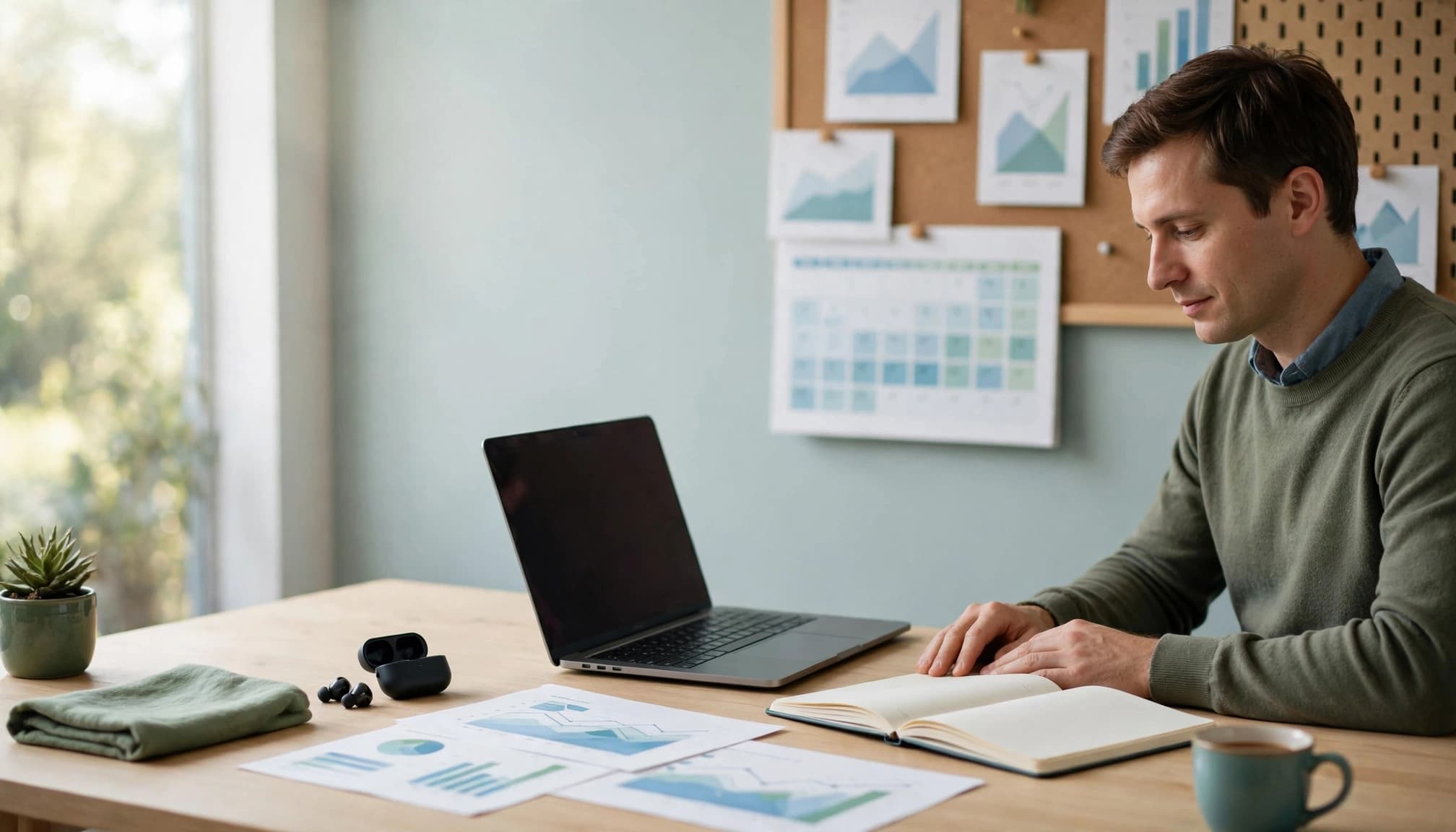 An affiliate website owner reviews a plan beside a laptop and notebook.