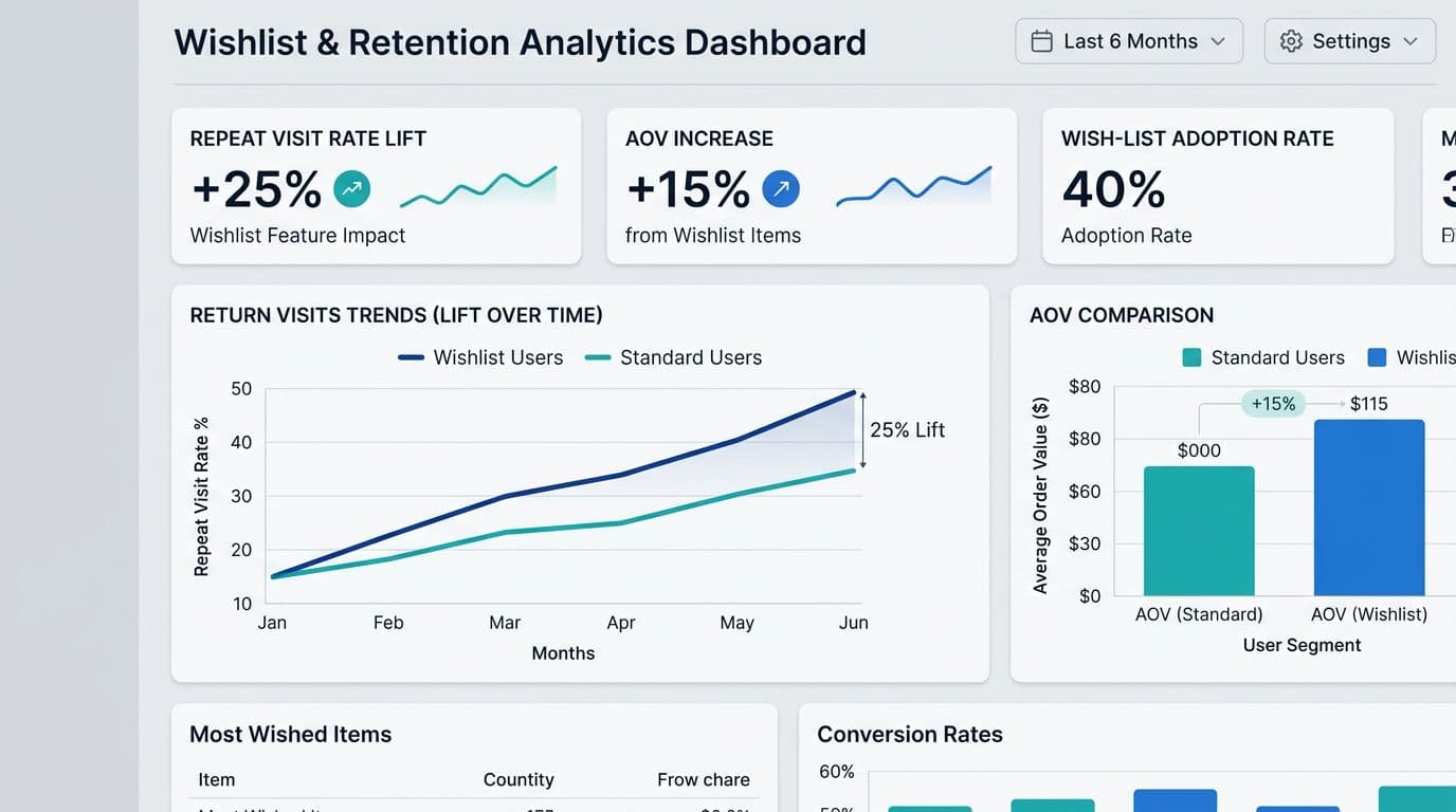 Clean minimalist UI mockup of an analytics dashboard showing lift in Repeat Visit Rate (25%) and AOV (15%) from wishlist features via simple line charts and bar graphs over time.
