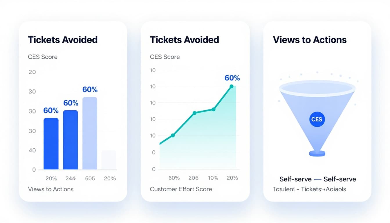 Clean, professional SaaS-style graphic featuring a before-and-after bar chart showing 60% ticket volume drop, a line chart of improving customer effort score over months, and a funnel diagram tracking page views to self-serve actions avoiding tickets. Three charts arranged horizontally in modern flat design with blue-teal accents on a neutral white background.