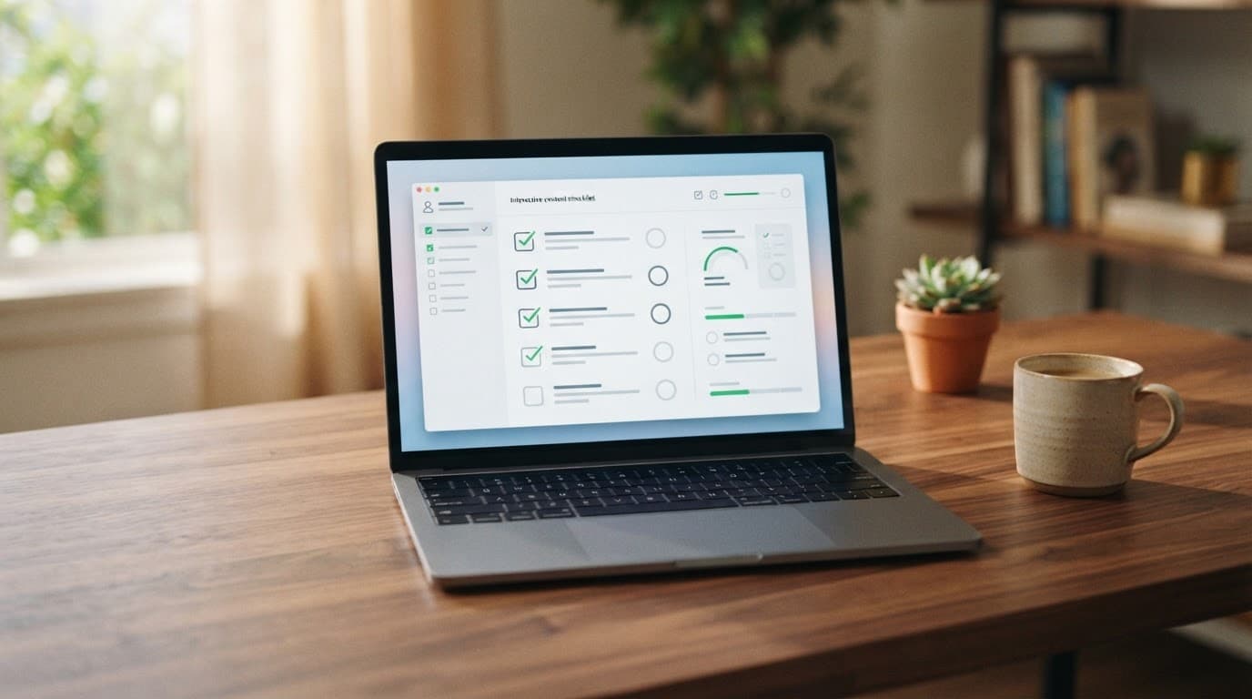 A laptop showing a review checklist on a sleek wooden desk in morning light.