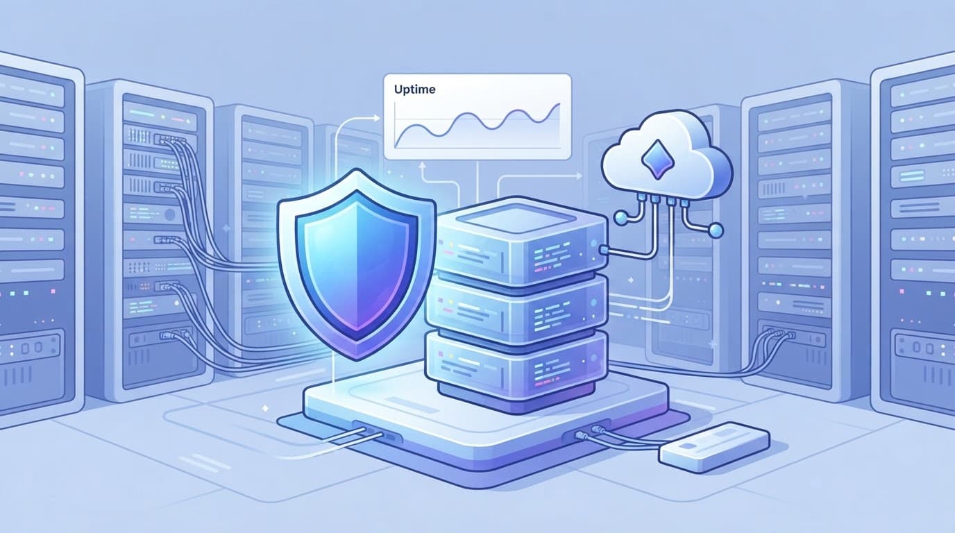 A glowing shield protects backup disks and server modules in a blue-purple data center.