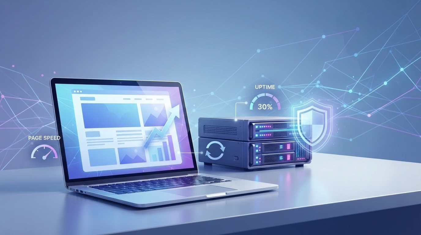 Laptop beside a server rack with network lines representing fast, secure hosting.