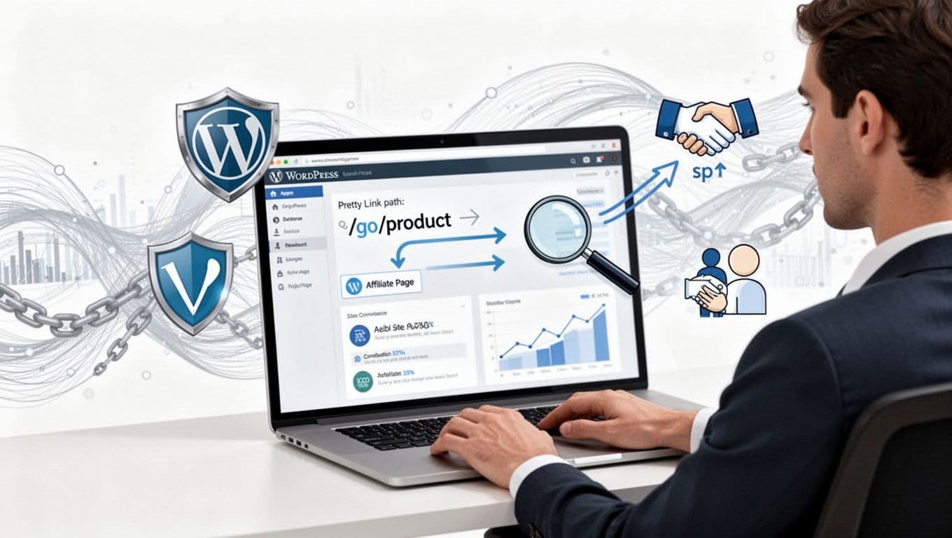 Clean modern vector flat design illustration of a WordPress dashboard on a laptop screen viewed by one person at a desk, featuring SEO metrics, affiliate redirect links, safety shields, and trust handshake icons against a subtle data flow background.