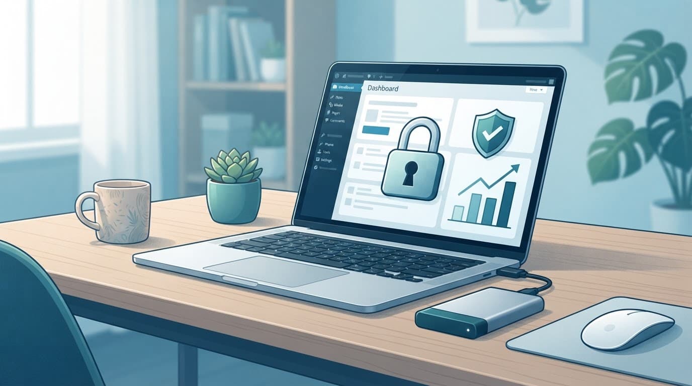 Laptop showing website security features beside an external backup drive.