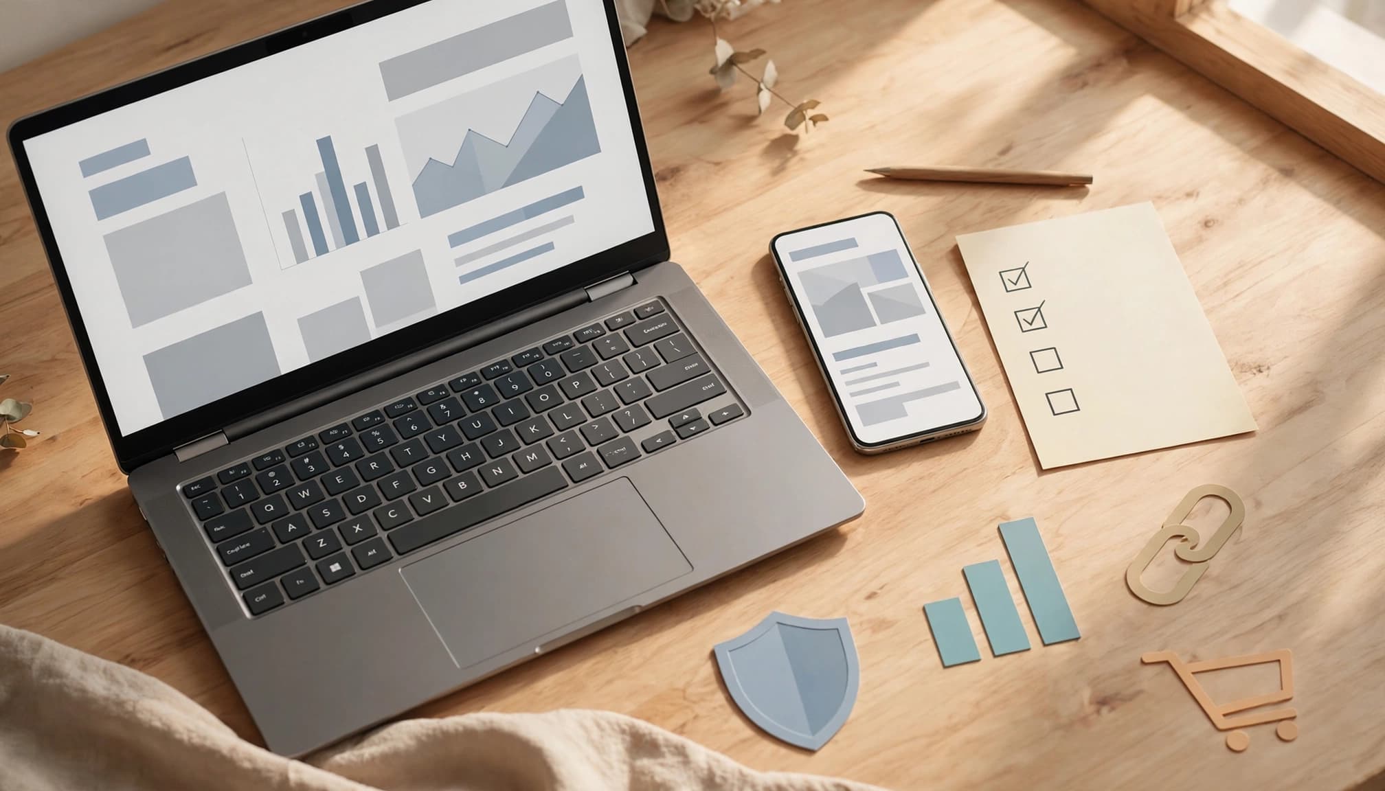Open laptop and phone beside checklist, shield, chart, link, and cart symbols.