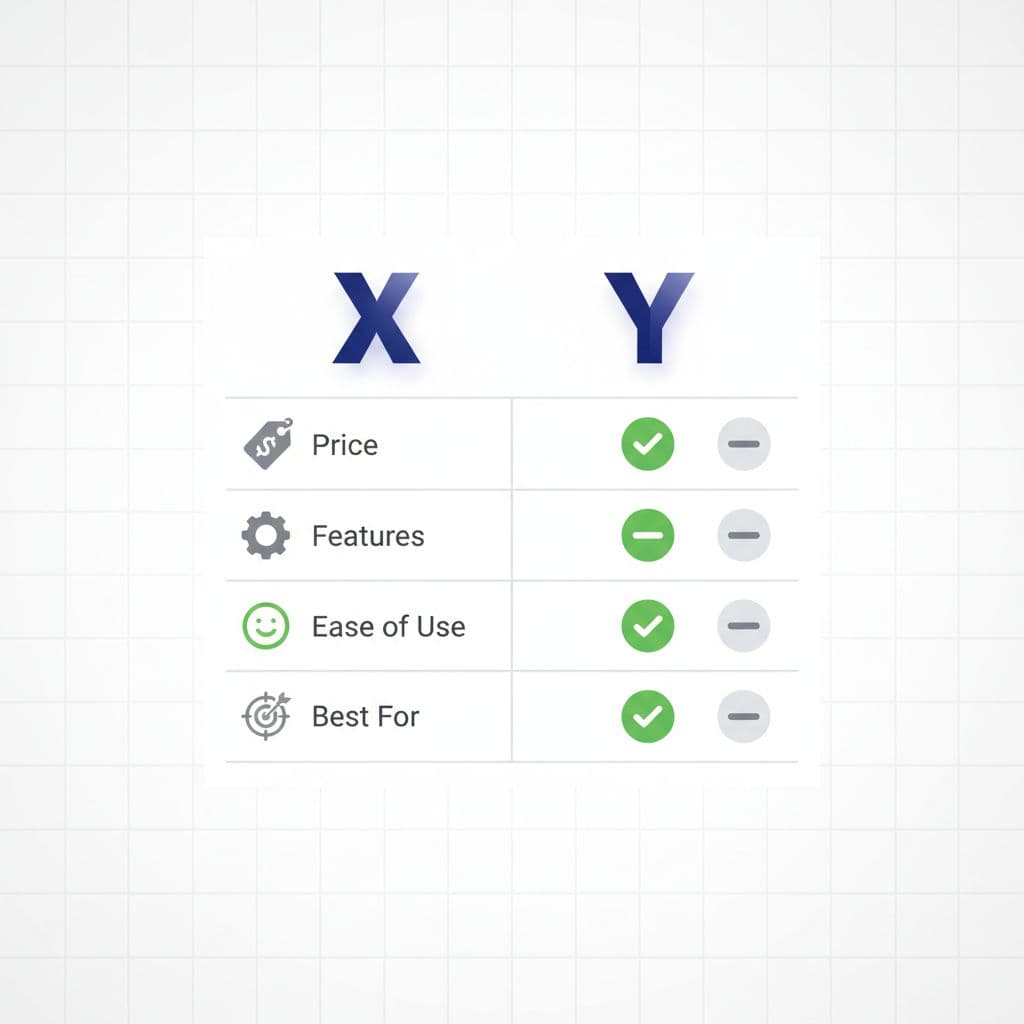 Clean, modern flat vector illustration of a decision table comparing X and Y on criteria like Price, Features, Ease of Use, and Best For, with icons, checkmarks, and subtle grid background.