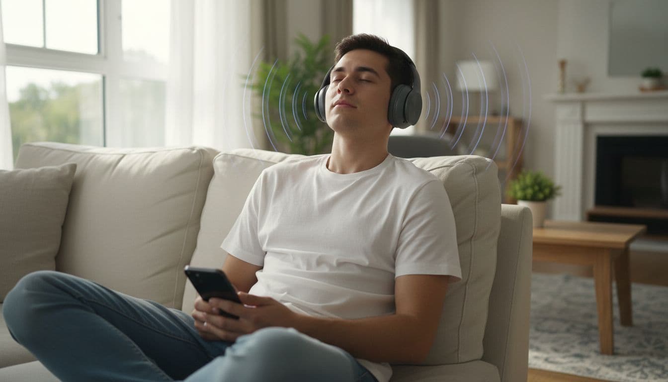 A young adult wearing wireless headphones holds a smartphone while sitting on a couch in a bright living room, eyes closed in concentration with subtle audio waves around the head.