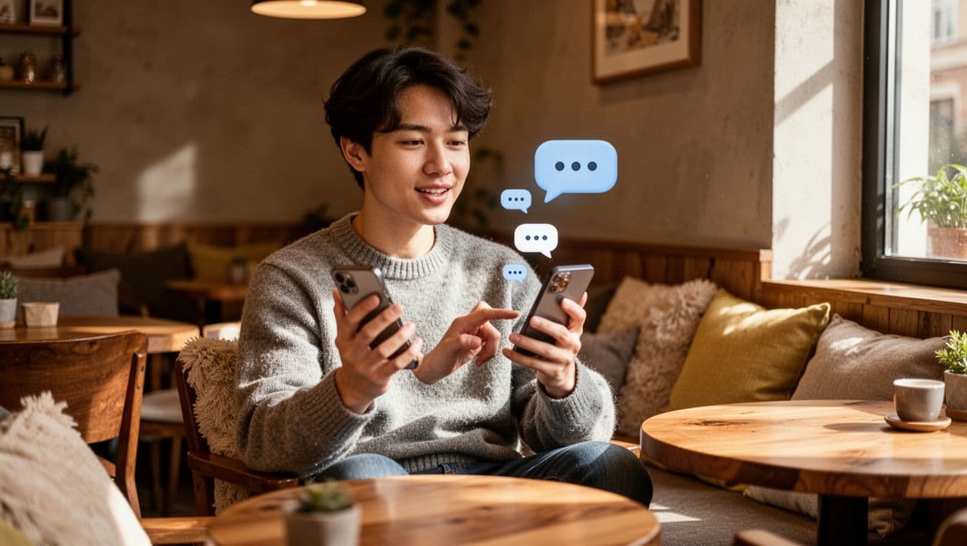 Best Free Language Apps With No Daily Limits in 2026 2 A young adult sits relaxed in a cozy cafe, using a smartphone for language conversation practice with chat bubbles visible on the screen from a native speaker, captured in realistic photo style with natural indoor lighting.