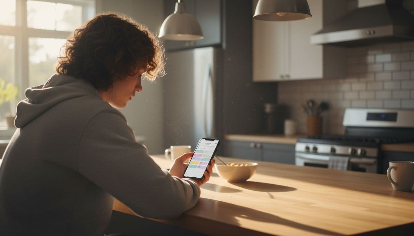 Young adult holds smartphone with vocabulary flashcards app on kitchen table in morning light.