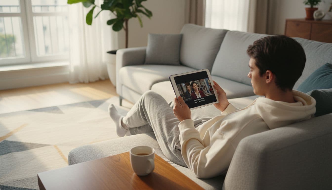 Young person relaxes on couch in bright living room, holding tablet showing TV episode with faint dual subtitles.