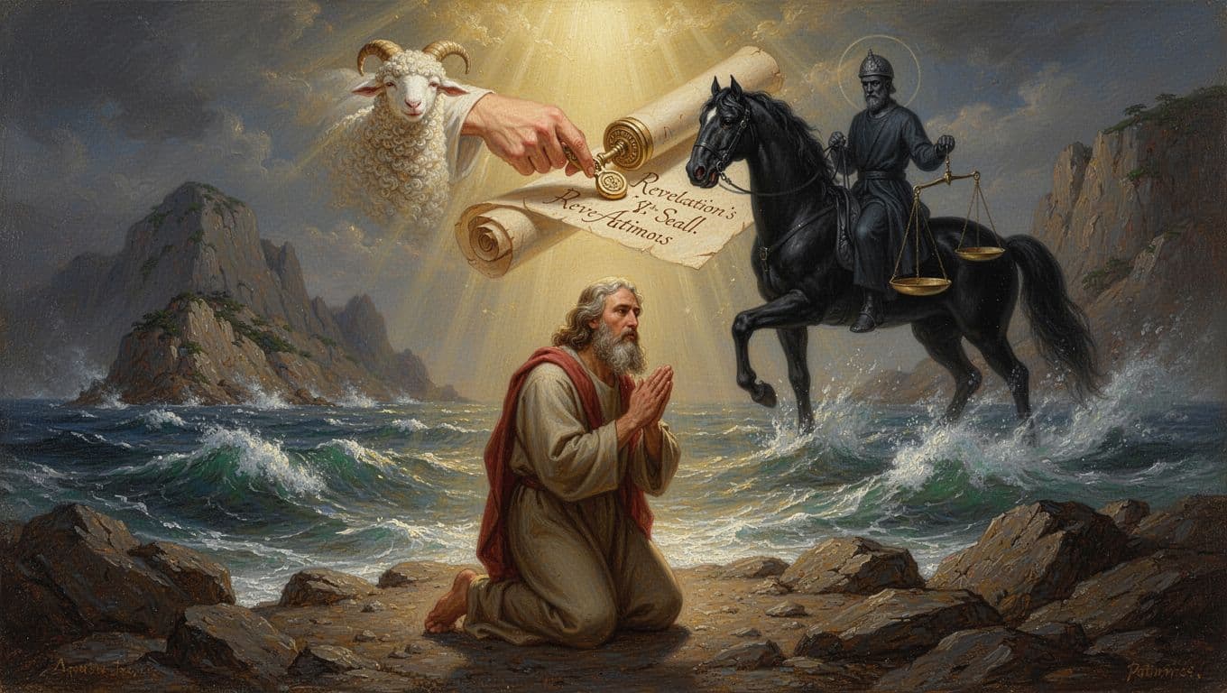 Biblical illustration of the Apostle John kneeling in prayer on Patmos' rocky shore, illuminated by divine golden light, as he receives an ethereal vision of the Lamb breaking the third seal, revealing a black horse and rider with scales amid stormy seas and cliffs.