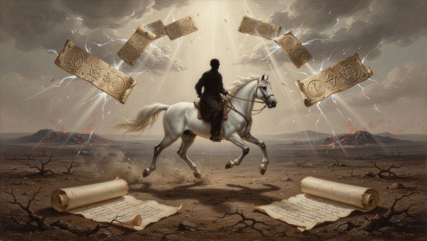 Symbolic illustration of the Fourth Seal featuring a pale horse and rider galloping across barren earth, with a subtle prophetic scroll unrolling in the foreground and an apocalyptic horizon of breaking seals in muted tones.