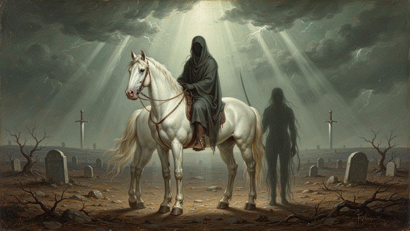 Respectful symbolic scene featuring a pale horse in the foreground with a subtle shadowed Hades figure beside it, set against faint graves, barren land, and stormy skies in a muted pale green-gray palette with dramatic light rays.