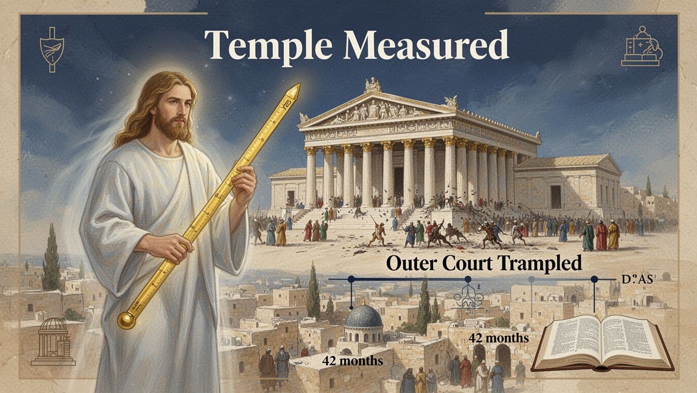 Clean, reverent infographic illustrating the measuring of the temple in Revelation 11 (NKJV) from a Dispensational perspective, featuring a golden measuring reed held by an ethereal figure, detailed temple with trampled outer court, Jerusalem cityscape, open Bible, and 42-month timeline icons in muted colors.