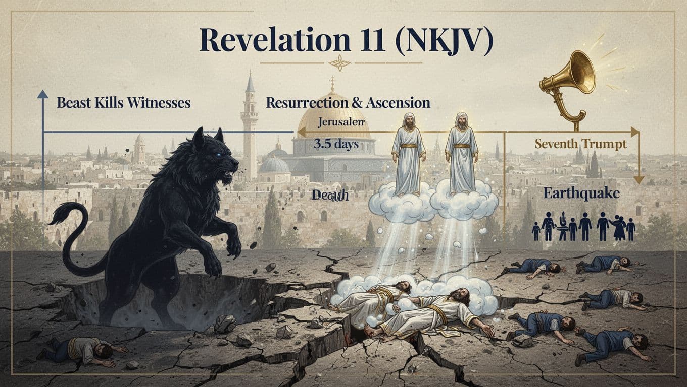 A clean, reverent infographic illustrating key events from Revelation 11 (NKJV) in a Dispensational perspective, including the beast silhouette, witnesses' symbolic death and ascension, and Jerusalem earthquake with timeline.