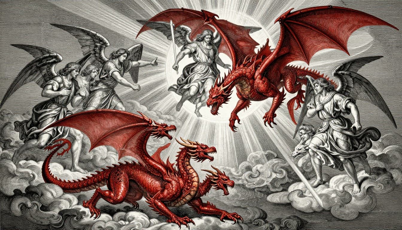 Classic engraving-style biblical illustration of Archangel Michael leading angelic hosts in spiritual battle, casting the seven-headed red dragon from heaven, inspired by Revelation 12 (NKJV). Reverent woodcut art with dramatic chiaroscuro lighting and heavenly divine rays.