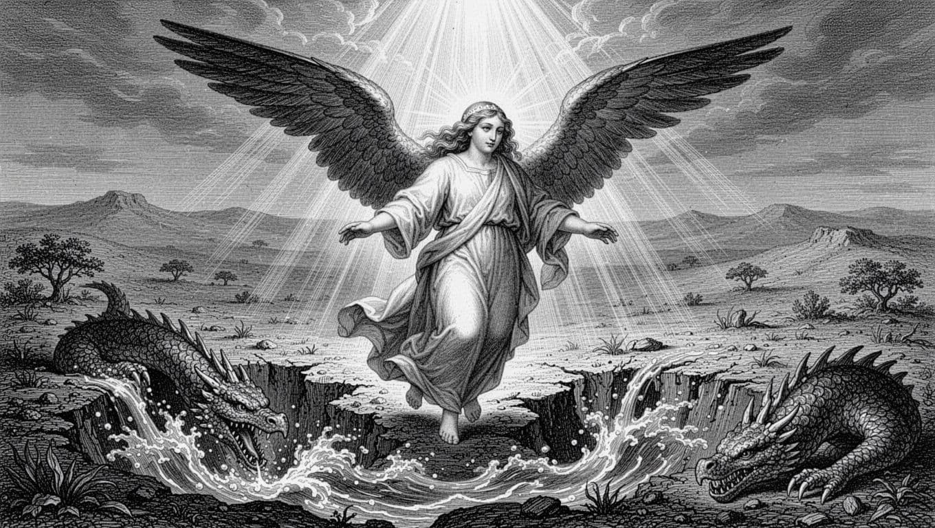 Classic engraving-style biblical illustration of the radiant woman from Revelation 12 fleeing to the prepared wilderness place, given symbolic eagle wings for protection, with the earth opening to swallow the dragon's flood amid a desert landscape.