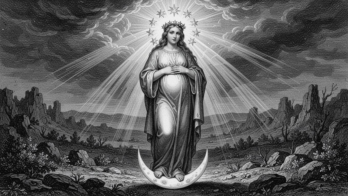 A radiant woman symbolizing Israel from Revelation 12, clothed with the sun, moon under her feet, crowned with twelve stars, gently holding her pregnant belly in a rugged wilderness, rendered in classic engraving woodcut style with dramatic chiaroscuro lighting and divine rays.