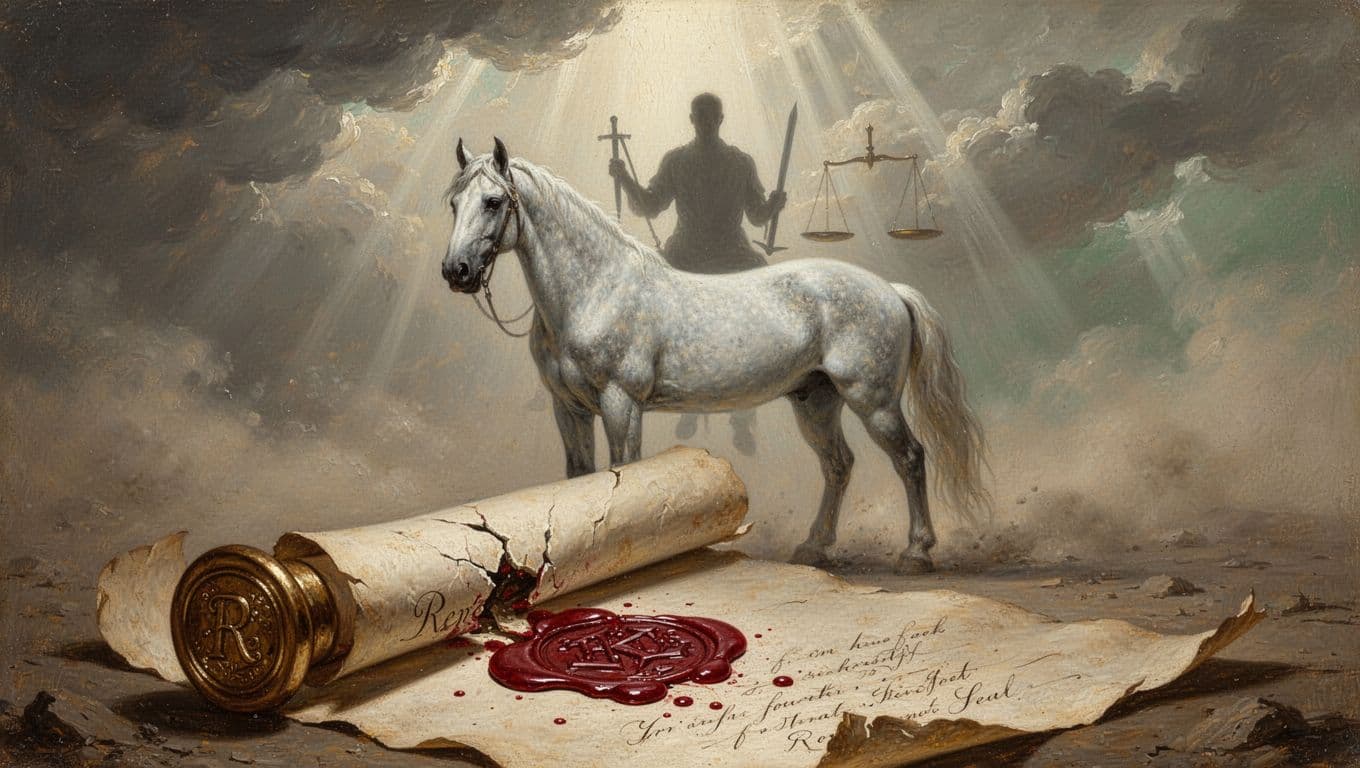 Symbolic illustration of the Fourth Seal from Revelation featuring a broken seal on an ancient scroll, a pale ashen horse in shadow, and a distant rider silhouette with scale and sword motifs amid apocalyptic clouds.