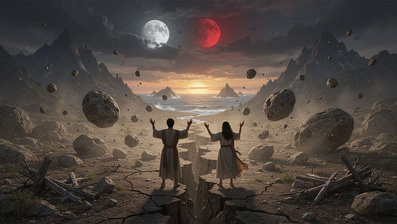 Respectful biblical illustration of the Sixth Seal earthquake from Revelation 6:12, showing rugged cracking terrain, tumbling boulders, tilting mountains, a darkened sky with charcoal sun and red moon, and two silhouetted figures standing steady with hands raised in wonder.