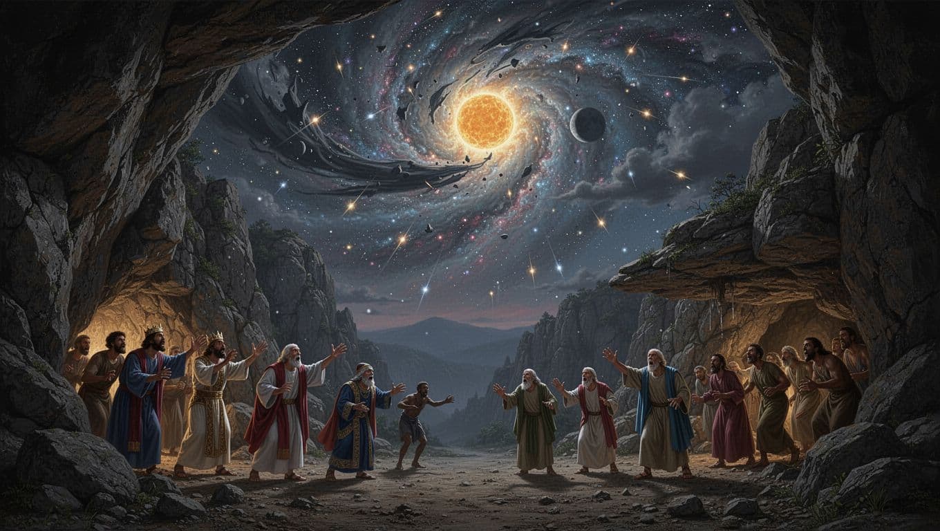 Respectful biblical illustration of diverse people crowding into rocky caves during the Sixth Seal from Revelation 6:15–17, amid cosmic chaos with falling stars and rolled-back sky.