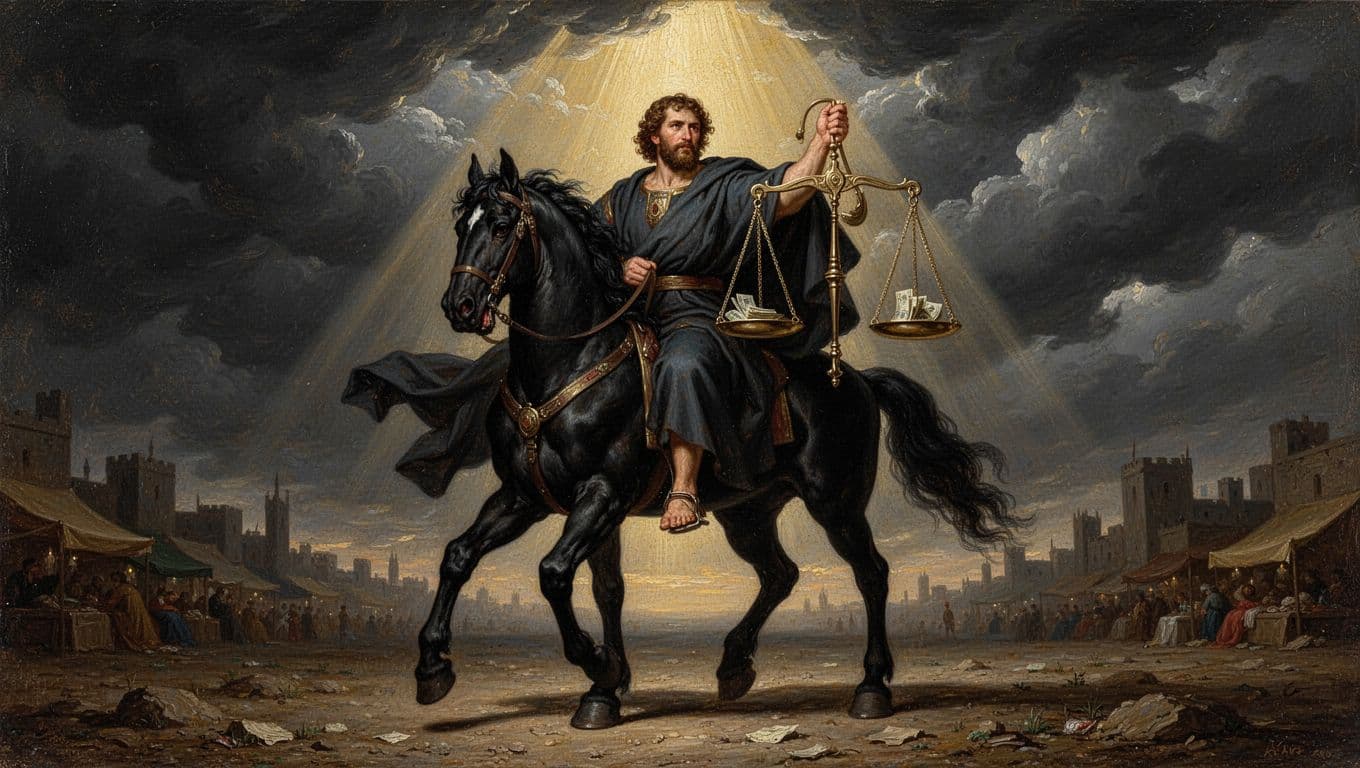 A reverent biblical illustration depicting the Third Seal from Revelation, with a black horse and rider holding balanced scales symbolizing famine and economic hardship, set against a dramatic apocalyptic sky and distant city silhouette.
