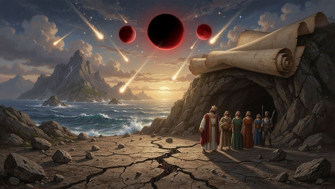Respectful biblical illustration of the Sixth Seal featuring a great earthquake with cracked earth, shifting mountains and islands, black sun, blood-red moon, falling stars, and sky rolling back like a scroll, with a small group of silhouetted figures in awe near a cave.