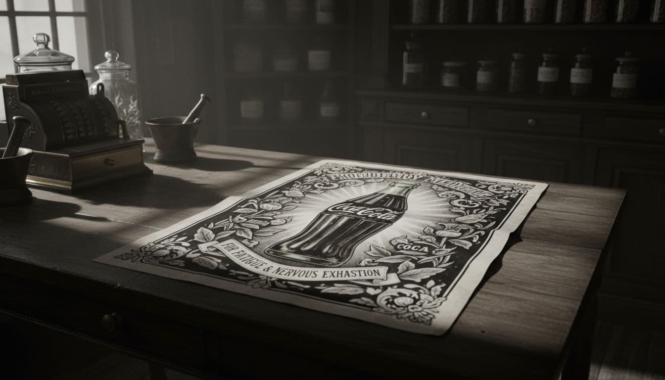 Black-and-white historical advertisement poster for Coca-Cola from the 1890s with subtle cocaine ingredient highlight, centered bottle on wooden table in Victorian pharmacy, dramatic cinematic lighting and high contrast.