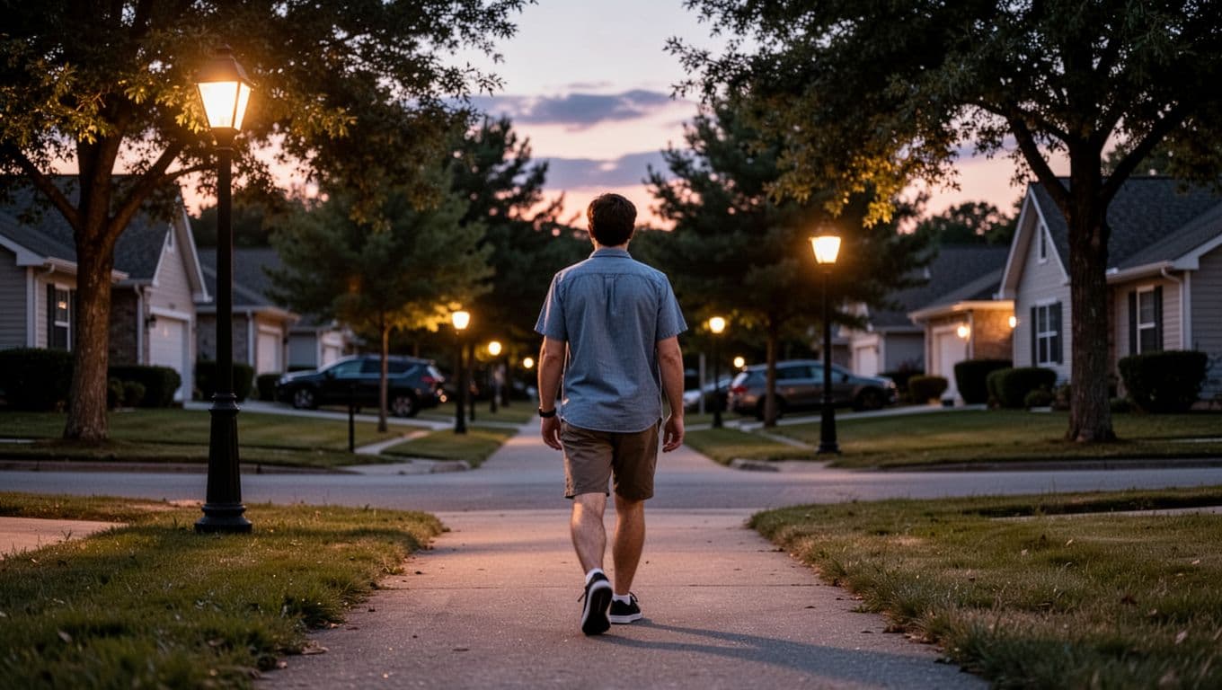 Landscape view of a lone person from behind taking an evening walk on a path in a quiet suburban neighborhood at dusk, with glowing street lamps, trees, and houses in the background. Photorealistic style with serene atmosphere, natural colors, and focus on the figure and path, no faces visible.