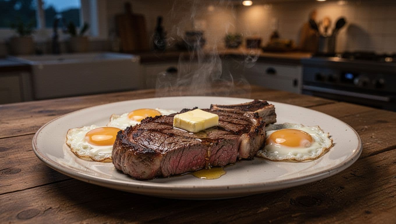 A photorealistic landscape image of a simple carnivore dinner plate on a wooden table in evening light, featuring a medium rare ribeye steak with natural fat marbling and melting butter, two fried eggs with golden yolks, light steam rising, in a cozy kitchen with dim warm lighting and shallow depth of field focused on the food.