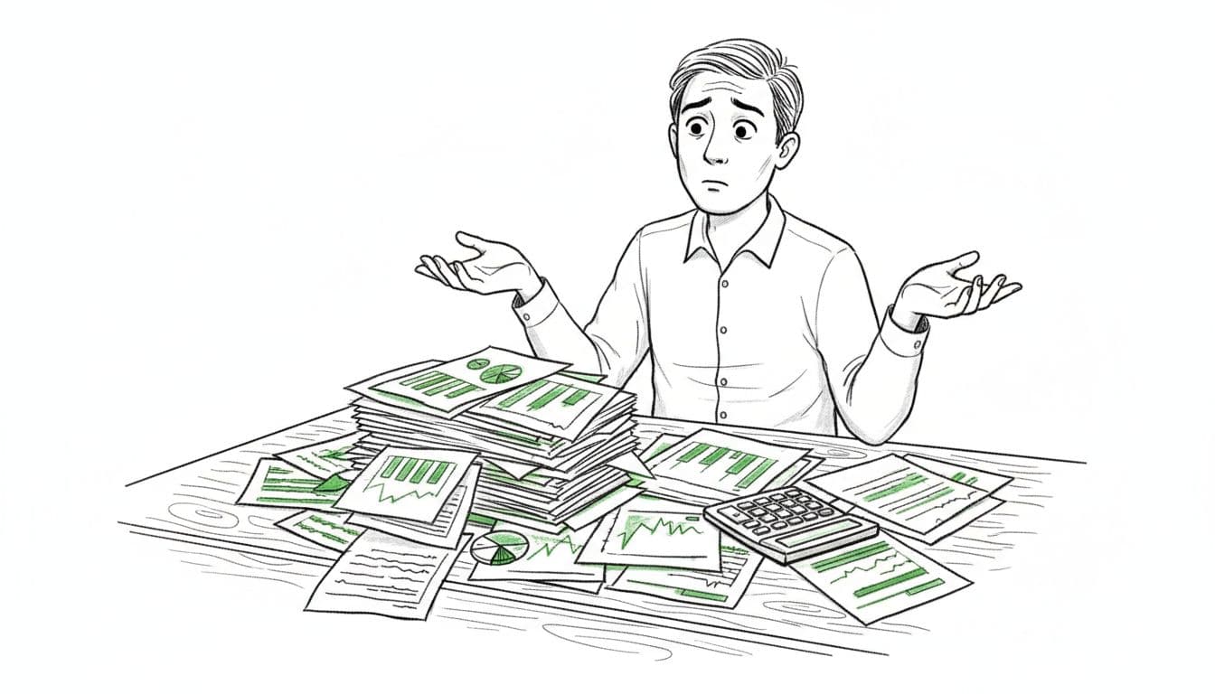A stressed small business owner at a wooden desk cluttered with papers, charts, and a calculator, looking confused while ignoring data, in hand-drawn illustration style with green accents.