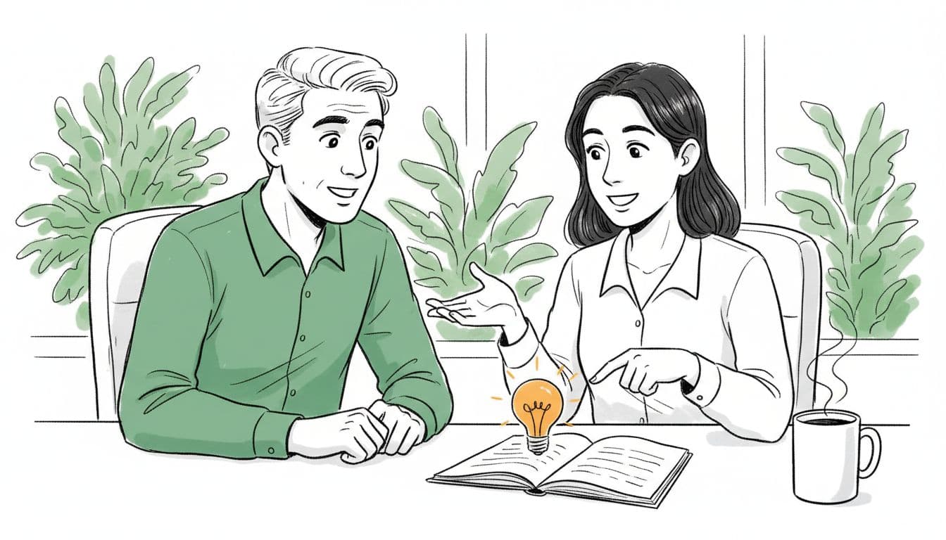 Hand-drawn sketch-style illustration of a leader curiously listening to an employee presenting an idea at a desk in an office, featuring positive engaged faces, notebook, coffee, green plants, and subtle orange lightbulb icon.