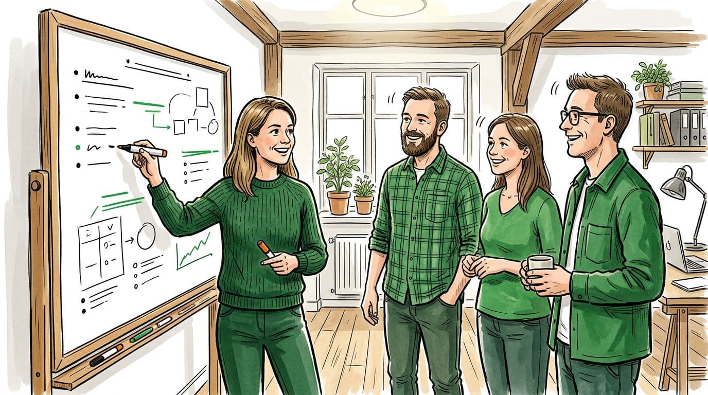 Hand-drawn illustration of a small Danish SMV team of four in a bright workshop office, standing relaxed by a whiteboard as the leader points to bullet points with a marker, colleagues nodding and smiling.