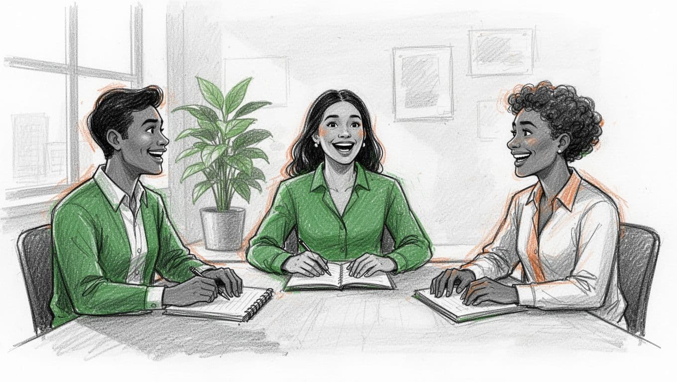 Hand-drawn sketch illustration featuring exactly three diverse office workers in a meeting room: one speaking confidently at the table, the other two listening attentively with positive expressions and relaxed hands on open notebooks. Simple office background with plant and natural window light conveys a mood of collaboration and psychological safety.