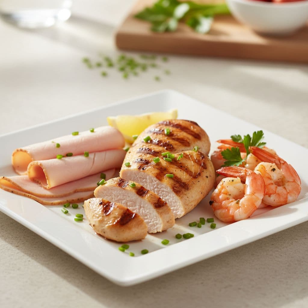 AI-generated plate with lean chicken breast, turkey slices, and shrimp on a white plate on a kitchen counter