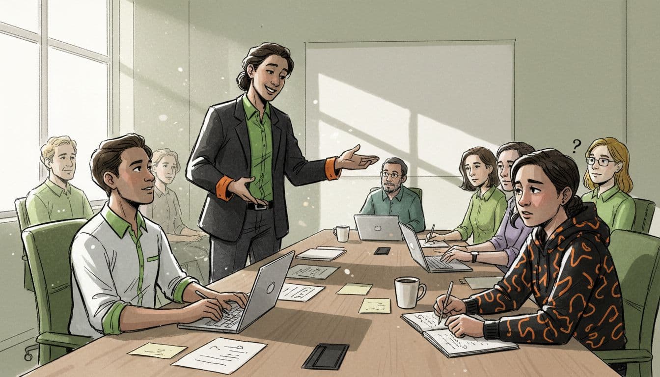 Hand-drawn illustration featuring a confident leader gesturing inclusively to a diverse team in a meeting room, with one motivated employee and another needing guidance, in dynamic supportive mood.