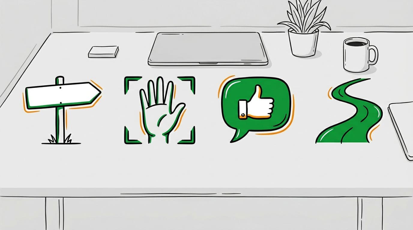 Hand-drawn illustration of four icons representing leadership choices that boost workplace joy: signpost for expectations, framed hand for autonomy, thumbs-up speech bubble for recognition, and smooth path for low friction, on a minimalist office desk.