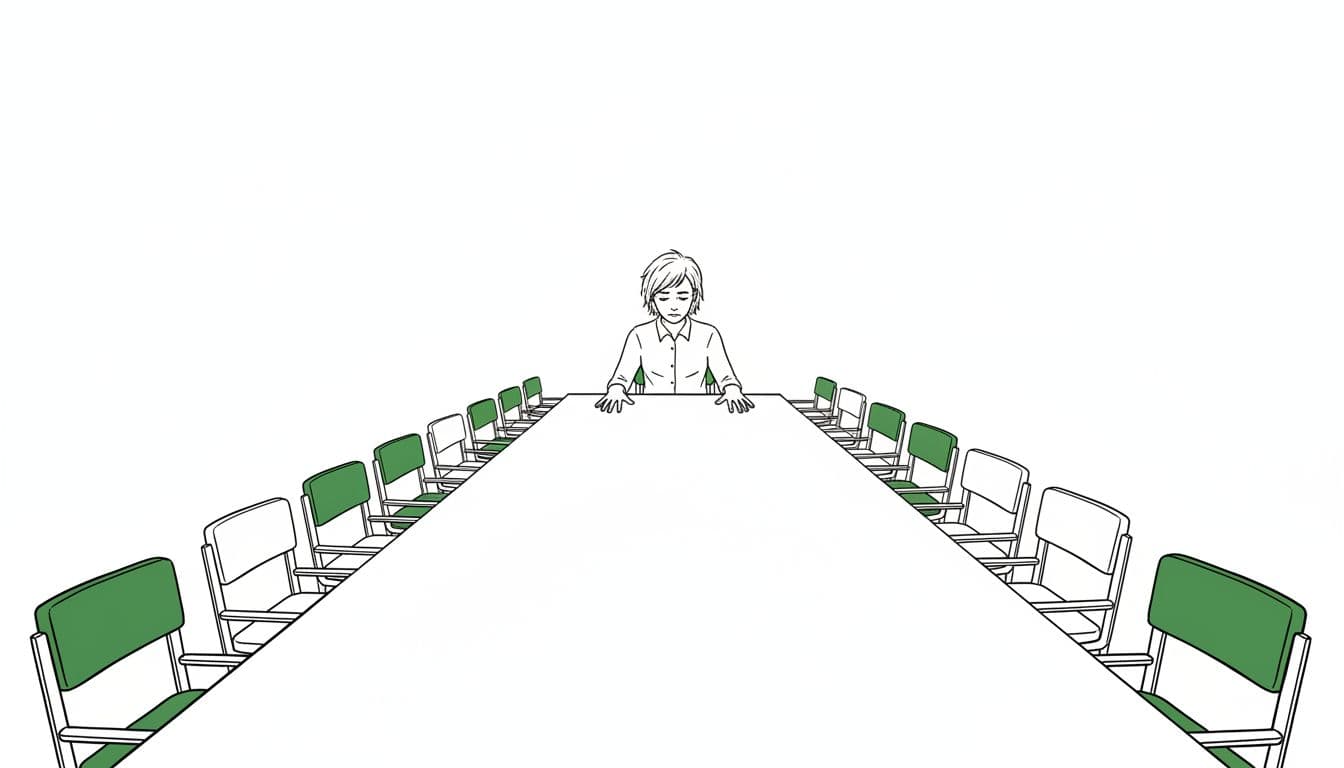 Hand-drawn illustration of a thoughtful small business leader sitting alone at a long conference table with empty chairs, emphasizing isolation from not involving the team in decisions. Features green chair accents, black outlines on white background, wide composition with one person only.