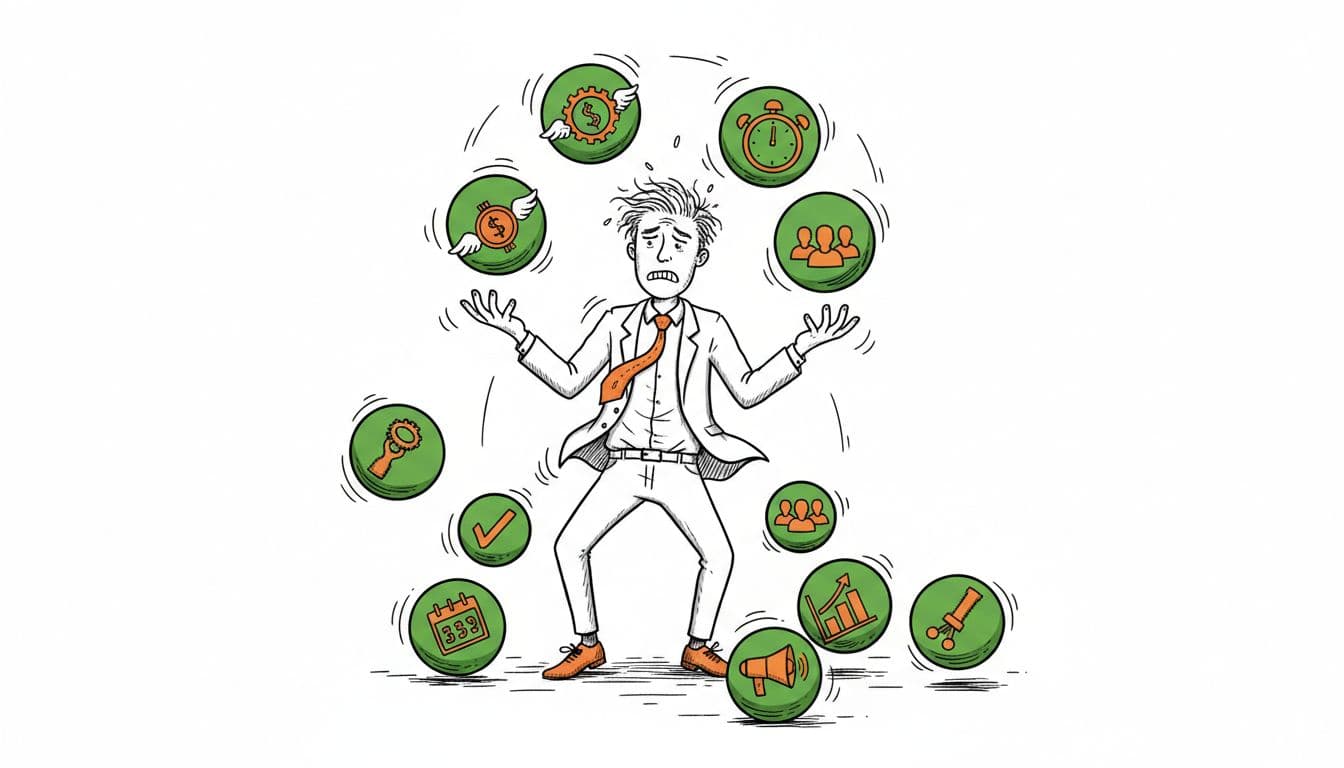 Hand-drawn illustration of a stressed small business leader juggling oversized balls with icons for money, time, and people, while dropping some, on a white background with green balls, orange accents, and black outlines.