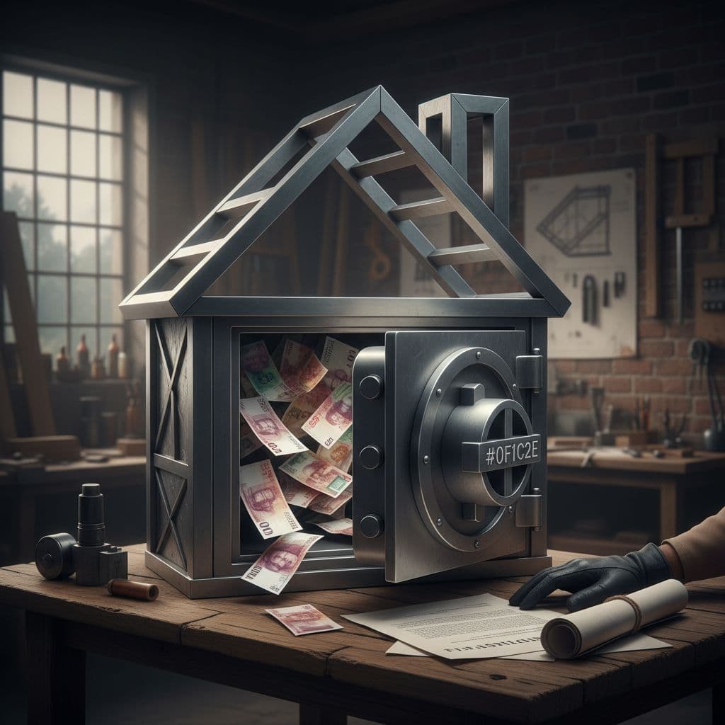 Coffre-fort stylisé en forme de maison en construction ouvert avec billets suisses dedans, cadenas bleu foncé et documents de contrat à côté, sur table en bois d'un atelier suisse avec éclairage dramatique cinématique.