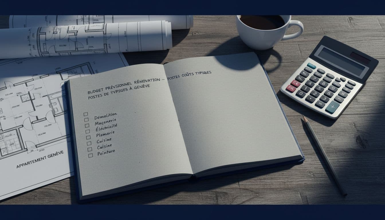 Close-up of a wooden desk with an open notebook displaying a renovation budget checklist, calculator, pencil, architectural plans for a Geneva apartment, and a nearby coffee cup, illuminated by soft dramatic lighting with strong contrast and cinematic depth.