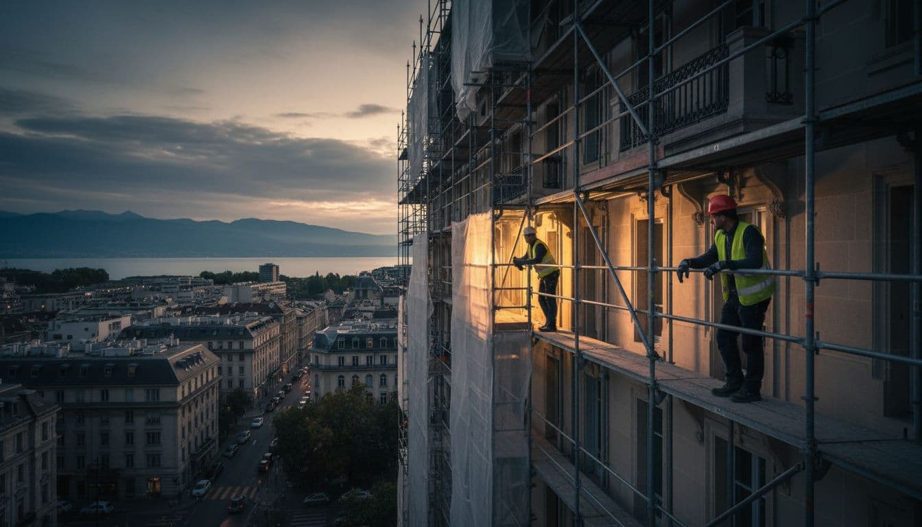 Vue extérieure d'un immeuble haussmannien en rénovation à Genève avec échafaudages, deux ouvriers en casques au travail, paysage urbain en fond incluant le lac Léman, style cinématique avec éclairage dramatique du soir.