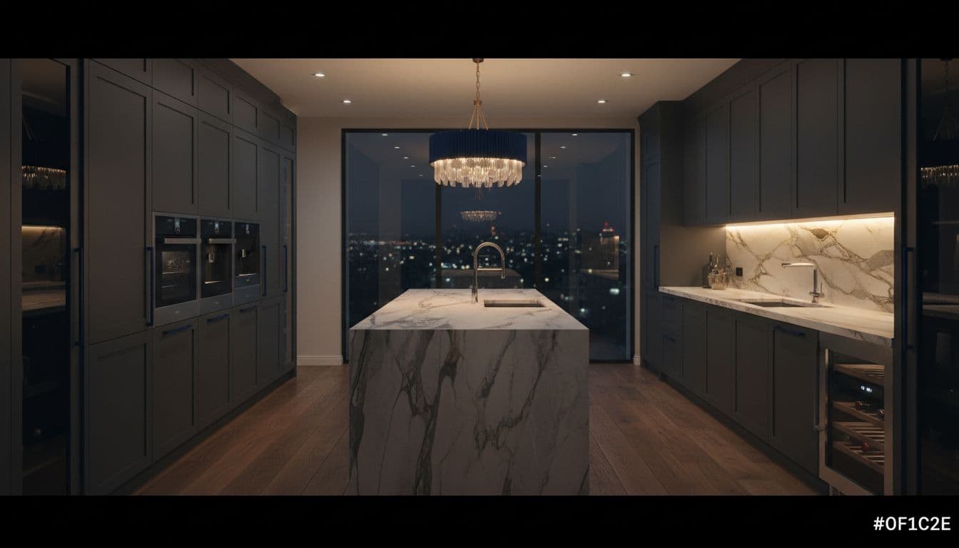 A luxurious high-end kitchen post-renovation featuring premium natural stone countertops, custom matte cabinetry, integrated appliances, and warm dramatic cinematic lighting with strong contrast and depth.