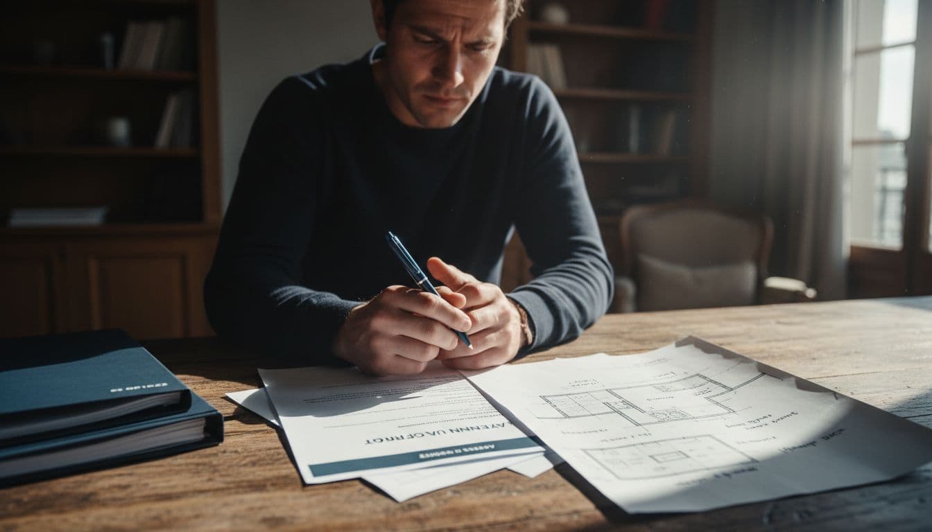 Un propriétaire concentré examine des documents de chantier, plans de rénovation et un avenant sur une table en bois dans un bureau lumineux à Genève, stylo en main.