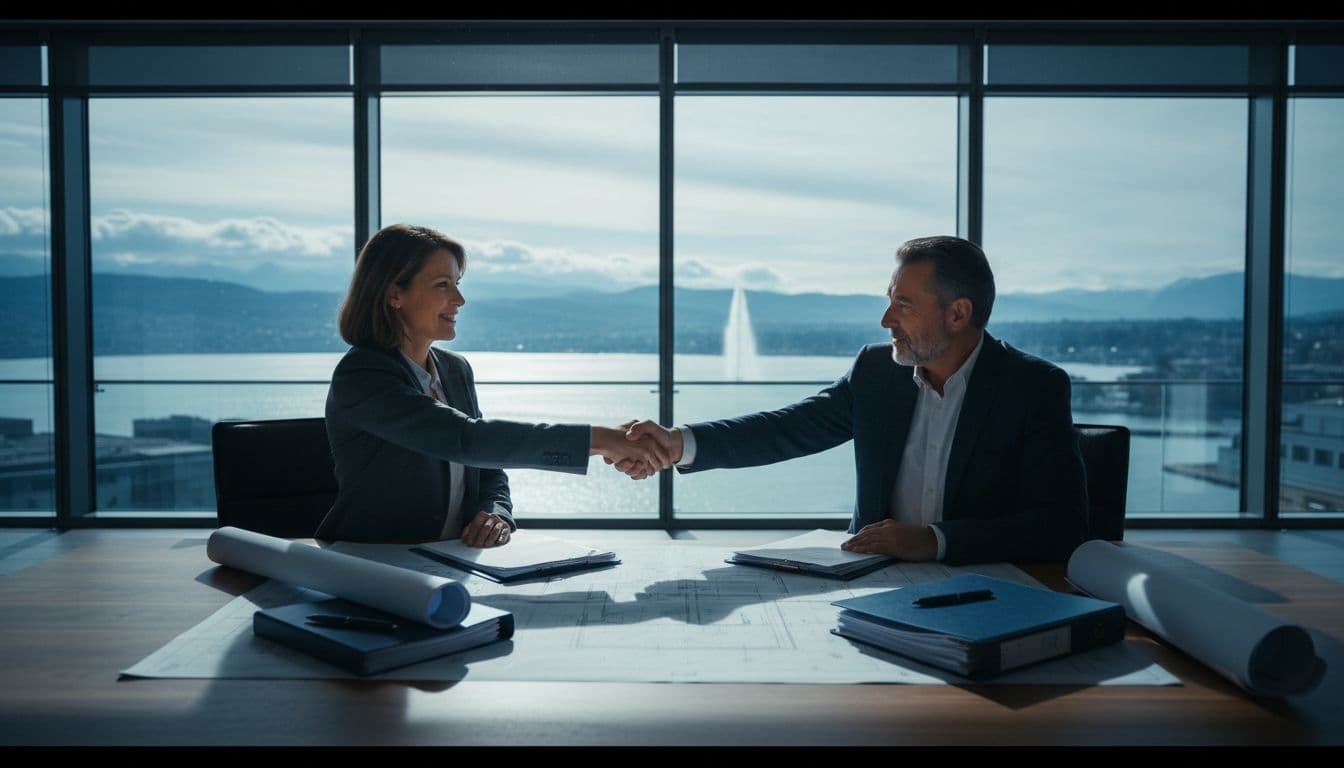 A client and contractor seated at a table with blueprints, exchanging a firm handshake in a modern Geneva office overlooking Lake Léman. Cinematic style with strong contrast, dramatic natural lighting, and accent on pen and folders.